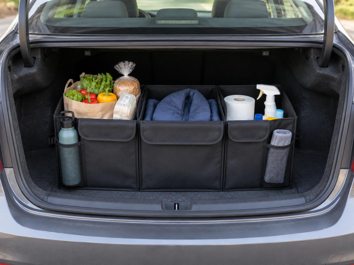 The same trunk organized with the STOWVELA. Trunk Organizer holding groceries, a folded jacket and cleaning supplies