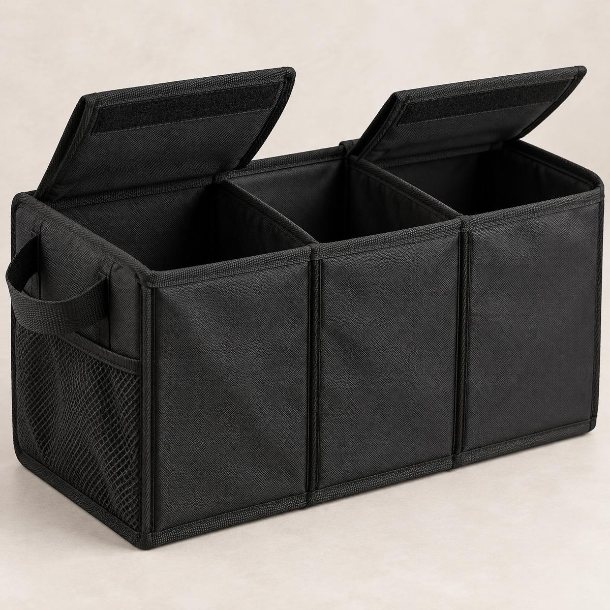 Close-up of the organizer's Velcro lids, mesh side pocket and carrying handle
