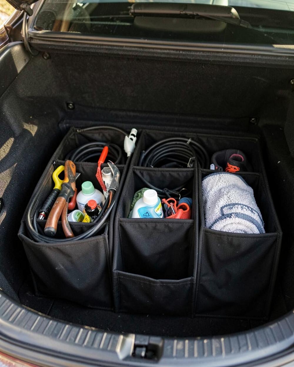 STOWVELA. Trunk Organizer holding tools, cleaning supplies, and gym gear