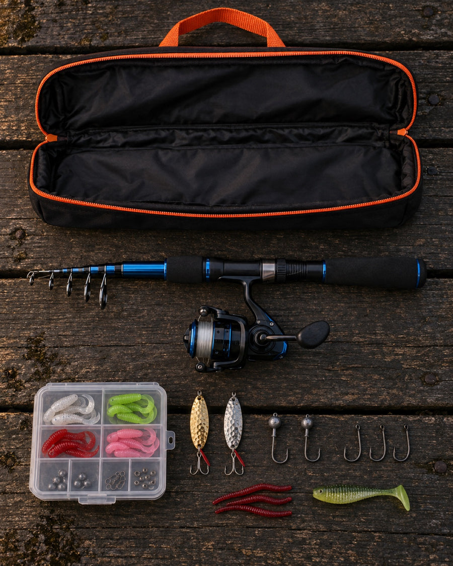 The open carry bag with the collapsed rod, reel, tackle box, soft baits, spoons, jig heads and hooks laid out on a wooden dock