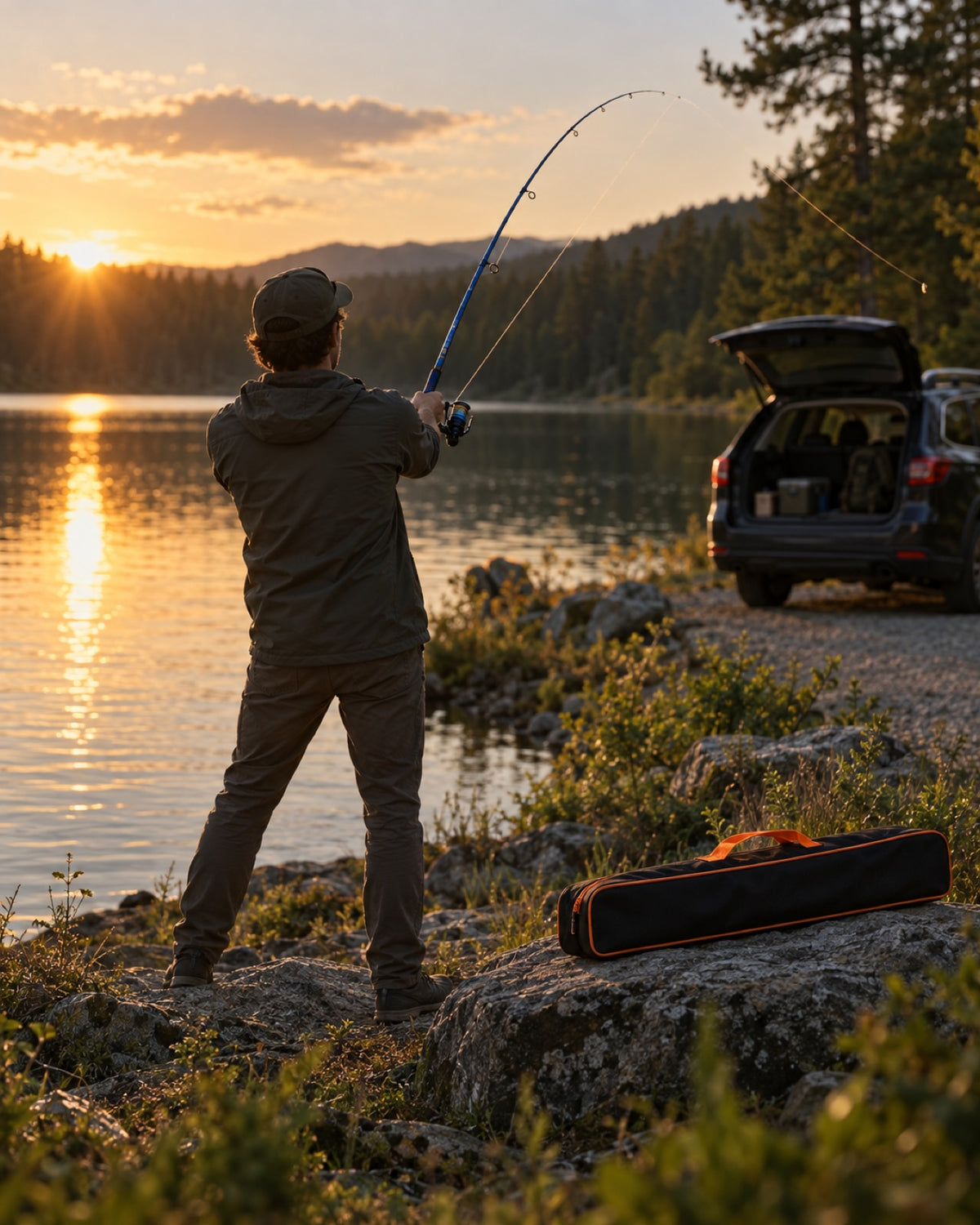 An angler casting a blue telescopic rod at a lake at sunset, the kit's carry bag on a rock nearby