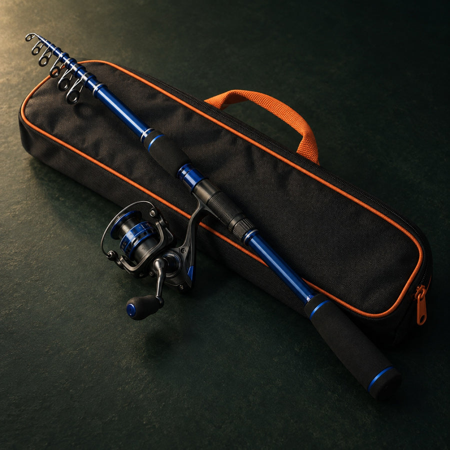 The collapsed blue rod with its reel resting on the black carry bag with orange trim