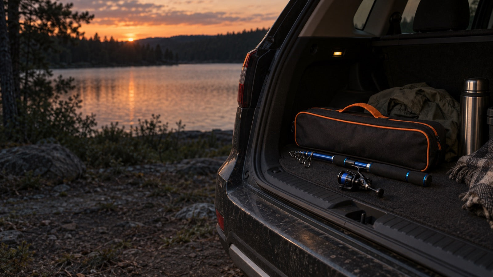 The zipped carry bag and the collapsed rod in an open car trunk by a lake at dusk